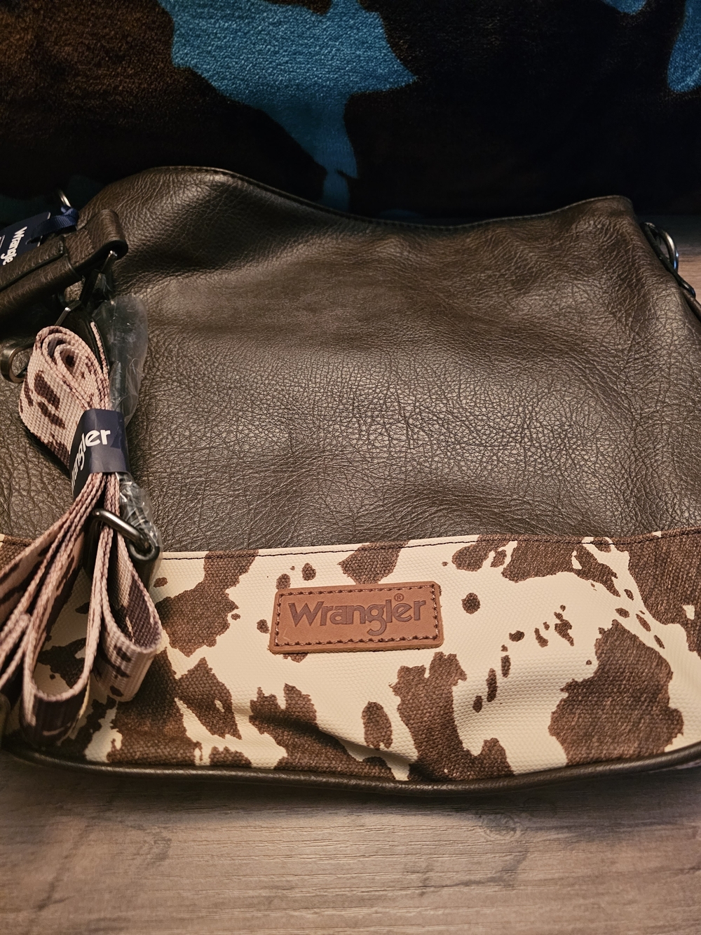 Wrangler Brown and Cream Women's Cowhide-Print Shoulder Bag